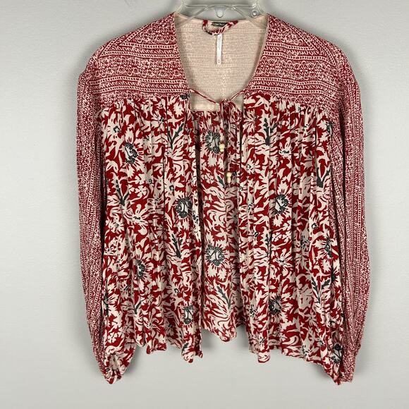 Free People Tops - Free People Red Paisley Tie Front Balloon Sleeve Kimono Jacket M